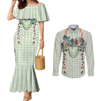 Sage Green Hawaiian Palaka Couples Matching Mermaid Dress and Long Sleeve Button Shirt Kukui Nut Money Lei LT9 Green - Polynesian Pride