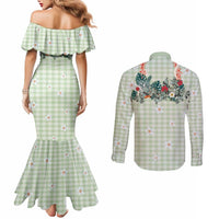 Sage Green Hawaiian Palaka Couples Matching Mermaid Dress and Long Sleeve Button Shirt Kukui Nut Money Lei LT9 - Polynesian Pride