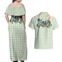 Sage Green Hawaiian Palaka Couples Matching Off Shoulder Maxi Dress and Hawaiian Shirt Kukui Nut Money Lei LT9 - Polynesian Pride