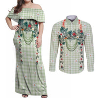 Sage Green Hawaiian Palaka Couples Matching Off Shoulder Maxi Dress and Long Sleeve Button Shirt Kukui Nut Money Lei LT9 Green - Polynesian Pride
