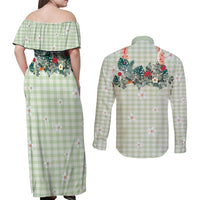 Sage Green Hawaiian Palaka Couples Matching Off Shoulder Maxi Dress and Long Sleeve Button Shirt Kukui Nut Money Lei LT9 - Polynesian Pride
