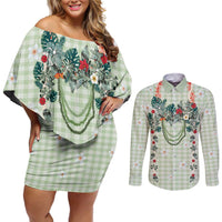 Sage Green Hawaiian Palaka Couples Matching Off Shoulder Short Dress and Long Sleeve Button Shirt Kukui Nut Money Lei LT9 Green - Polynesian Pride
