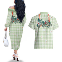 Sage Green Hawaiian Palaka Couples Matching Off The Shoulder Long Sleeve Dress and Hawaiian Shirt Kukui Nut Money Lei LT9 - Polynesian Pride