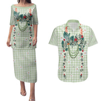 Sage Green Hawaiian Palaka Couples Matching Puletasi and Hawaiian Shirt Kukui Nut Money Lei LT9 Green - Polynesian Pride