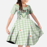 Sage Green Hawaiian Palaka Family Matching Off The Shoulder Long Sleeve Dress and Hawaiian Shirt Kukui Nut Money Lei LT9 Daughter's Dress Green - Polynesian Pride