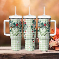 Sage Green Hawaiian Palaka Tumbler With Handle Kukui Nut Money Lei - Polynesian Pride