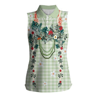 Sage Green Hawaiian Palaka Women Sleeveless Polo Shirt Kukui Nut Money Lei LT9 Female Green - Polynesian Pride