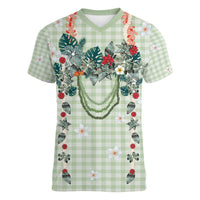 Sage Green Hawaiian Palaka Women V-Neck T-Shirt Kukui Nut Money Lei LT9 Female Green - Polynesian Pride