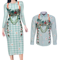 Turquoise Hawaiian Palaka Couples Matching Long Sleeve Bodycon Dress and Long Sleeve Button Shirt Kukui Nut Money Lei LT9 Turquoise - Polynesian Pride