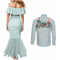 Turquoise Hawaiian Palaka Couples Matching Mermaid Dress and Long Sleeve Button Shirt Kukui Nut Money Lei LT9 - Polynesian Pride