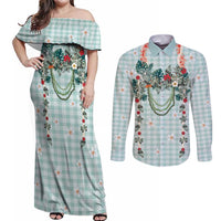 Turquoise Hawaiian Palaka Couples Matching Off Shoulder Maxi Dress and Long Sleeve Button Shirt Kukui Nut Money Lei LT9 Turquoise - Polynesian Pride