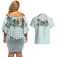 Turquoise Hawaiian Palaka Couples Matching Off Shoulder Short Dress and Hawaiian Shirt Kukui Nut Money Lei LT9 - Polynesian Pride