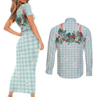 Turquoise Hawaiian Palaka Couples Matching Short Sleeve Bodycon Dress and Long Sleeve Button Shirt Kukui Nut Money Lei LT9 - Polynesian Pride