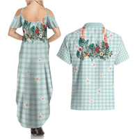 Turquoise Hawaiian Palaka Couples Matching Summer Maxi Dress and Hawaiian Shirt Kukui Nut Money Lei LT9 - Polynesian Pride