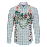 Turquoise Hawaiian Palaka Family Matching Off Shoulder Maxi Dress and Hawaiian Shirt Kukui Nut Money Lei LT9 Dad's Shirt - Long Sleeve Turquoise - Polynesian Pride