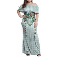 Turquoise Hawaiian Palaka Family Matching Off Shoulder Maxi Dress and Hawaiian Shirt Kukui Nut Money Lei LT9 Mom's Dress Turquoise - Polynesian Pride