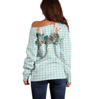 Turquoise Hawaiian Palaka Off Shoulder Sweater Kukui Nut Money Lei - Polynesian Pride
