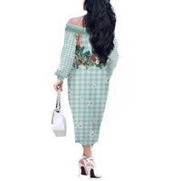 Turquoise Hawaiian Palaka Off The Shoulder Long Sleeve Dress Kukui Nut Money Lei - Polynesian Pride