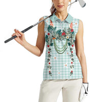 Turquoise Hawaiian Palaka Women Sleeveless Polo Shirt Kukui Nut Money Lei LT9 - Polynesian Pride