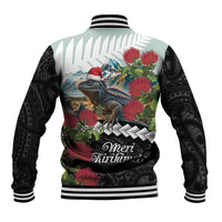 Meri Kirihimete Tuatara Baseball Jacket New Zealand Fern with Puhutukawa Flowers LT9 - Polynesian Pride