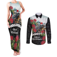 Meri Kirihimete Tuatara Couples Matching Tank Maxi Dress and Long Sleeve Button Shirt New Zealand Fern with Puhutukawa Flowers LT9 Green - Polynesian Pride