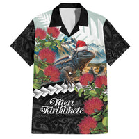 Meri Kirihimete Tuatara Family Matching Off The Shoulder Long Sleeve Dress and Hawaiian Shirt New Zealand Fern with Puhutukawa Flowers LT9 Dad's Shirt - Short Sleeve Green - Polynesian Pride