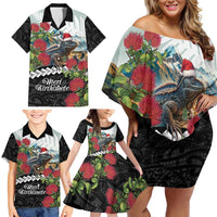 Meri Kirihimete Tuatara Family Matching Off Shoulder Short Dress and Hawaiian Shirt New Zealand Fern with Puhutukawa Flowers LT9 - Polynesian Pride