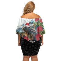Meri Kirihimete Tuatara Family Matching Off Shoulder Short Dress and Hawaiian Shirt New Zealand Fern with Puhutukawa Flowers LT9 - Polynesian Pride