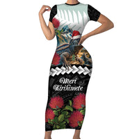 Meri Kirihimete Tuatara Family Matching Short Sleeve Bodycon Dress and Hawaiian Shirt New Zealand Fern with Puhutukawa Flowers LT9 Mom's Dress Green - Polynesian Pride