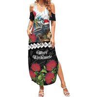 Meri Kirihimete Tuatara Family Matching Summer Maxi Dress and Hawaiian Shirt New Zealand Fern with Puhutukawa Flowers LT9 Mom's Dress Green - Polynesian Pride