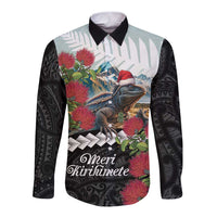 Meri Kirihimete Tuatara Long Sleeve Button Shirt New Zealand Fern with Puhutukawa Flowers LT9 Unisex Green - Polynesian Pride