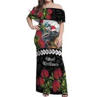 Meri Kirihimete Tuatara Off Shoulder Maxi Dress New Zealand Fern with Puhutukawa Flowers LT9 Women Green - Polynesian Pride