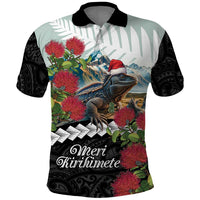 Meri Kirihimete Tuatara Polo Shirt New Zealand Fern with Puhutukawa Flowers LT9 Green - Polynesian Pride