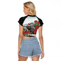 Meri Kirihimete Tuatara Raglan Cropped T Shirt New Zealand Fern with Puhutukawa Flowers LT9 - Polynesian Pride