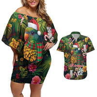 Meri Kirihimete Kakapo Santa Couples Matching Off Shoulder Short Dress and Hawaiian Shirt Merry Christmas with Tropical Vibe LT9 Green - Polynesian Pride