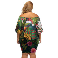 Meri Kirihimete Kakapo Santa Off Shoulder Short Dress Merry Christmas with Tropical Vibe LT9 - Polynesian Pride