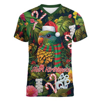 Meri Kirihimete Kakapo Santa Women V-Neck T-Shirt Merry Christmas with Tropical Vibe LT9 Female Green - Polynesian Pride