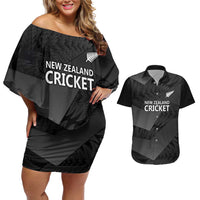 New Zealand Cricket Custom Couples Matching Off Shoulder Short Dress and Hawaiian Shirt Potae Pango Black Fern Pattern LT9 Black - Polynesian Pride