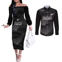 New Zealand Cricket Custom Couples Matching Off The Shoulder Long Sleeve Dress and Long Sleeve Button Shirt Potae Pango Black Fern Pattern LT9 Black - Polynesian Pride