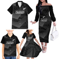 New Zealand Cricket Custom Family Matching Off The Shoulder Long Sleeve Dress and Hawaiian Shirt Potae Pango Black Fern Pattern LT9 - Polynesian Pride