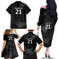 New Zealand Cricket Custom Family Matching Off The Shoulder Long Sleeve Dress and Hawaiian Shirt Potae Pango Black Fern Pattern LT9 - Polynesian Pride