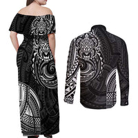 Polynesian Turtle Tribal Tattoo Couples Matching Off Shoulder Maxi Dress and Long Sleeve Button Shirt Black Style