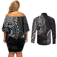 Polynesian Turtle Tribal Tattoo Couples Matching Off Shoulder Short Dress and Long Sleeve Button Shirt Black Style