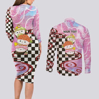 Personalized Japanese Kawaii Sushi Roll Couples Matching Long Sleeve Bodycon Dress and Long Sleeve Button Shirt Wagara Palaka Pattern