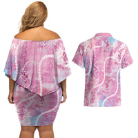 Japanese Koi Fish Couples Matching Off Shoulder Short Dress and Hawaiian Shirt Pink Wagara Palaka Honohono Pikake Lei LT9 - Polynesian Pride