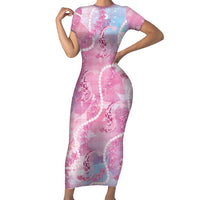Japanese Koi Fish Short Sleeve Bodycon Dress Pink Wagara Palaka Honohono Pikake Lei LT9 Long Dress Pink - Polynesian Pride