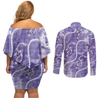 Japanese Koi Fish Couples Matching Off Shoulder Short Dress and Long Sleeve Button Shirt Purple Wagara Palaka Honohono Pikake Lei LT9 - Polynesian Pride