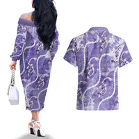 Japanese Koi Fish Couples Matching Off The Shoulder Long Sleeve Dress and Hawaiian Shirt Purple Wagara Palaka Honohono Pikake Lei LT9 - Polynesian Pride