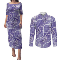 Japanese Koi Fish Couples Matching Puletasi and Long Sleeve Button Shirt Purple Wagara Palaka Honohono Pikake Lei LT9 Purple - Polynesian Pride