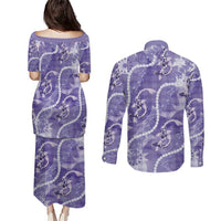 Japanese Koi Fish Couples Matching Puletasi and Long Sleeve Button Shirt Purple Wagara Palaka Honohono Pikake Lei LT9 - Polynesian Pride